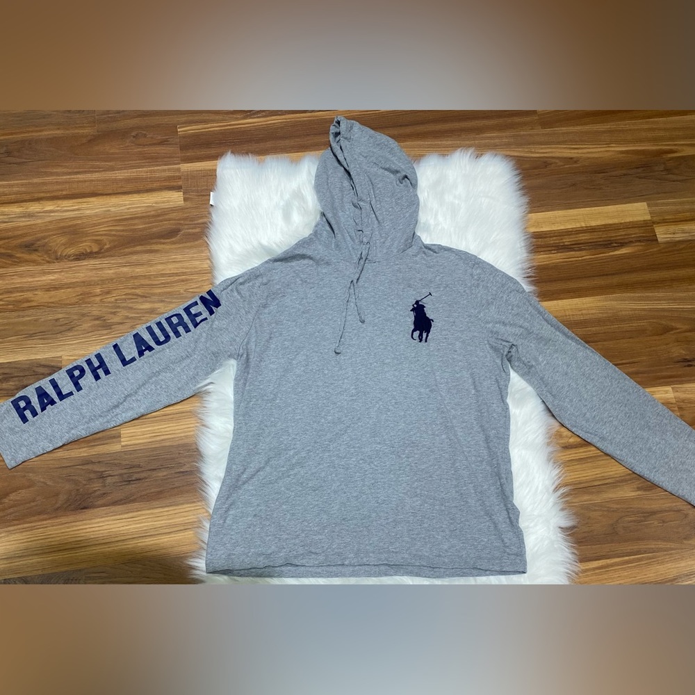 Polo Ralph Lauren Hoodie Men L Pullover Lightweight Logo Spell Out Gray